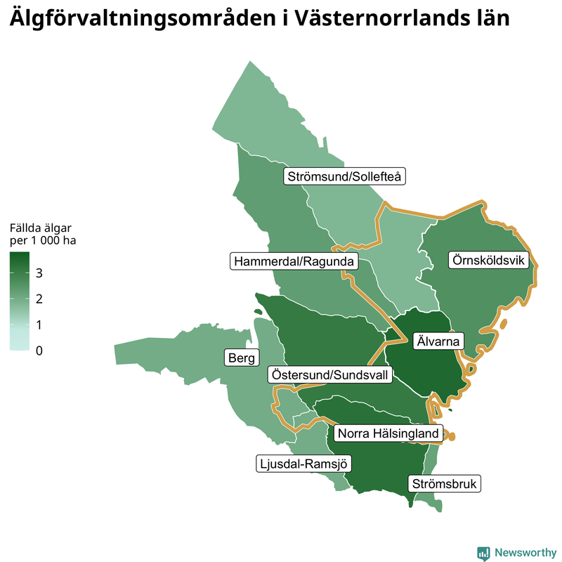 Fällda älgar per 1 000 hektar Västernorrlands län