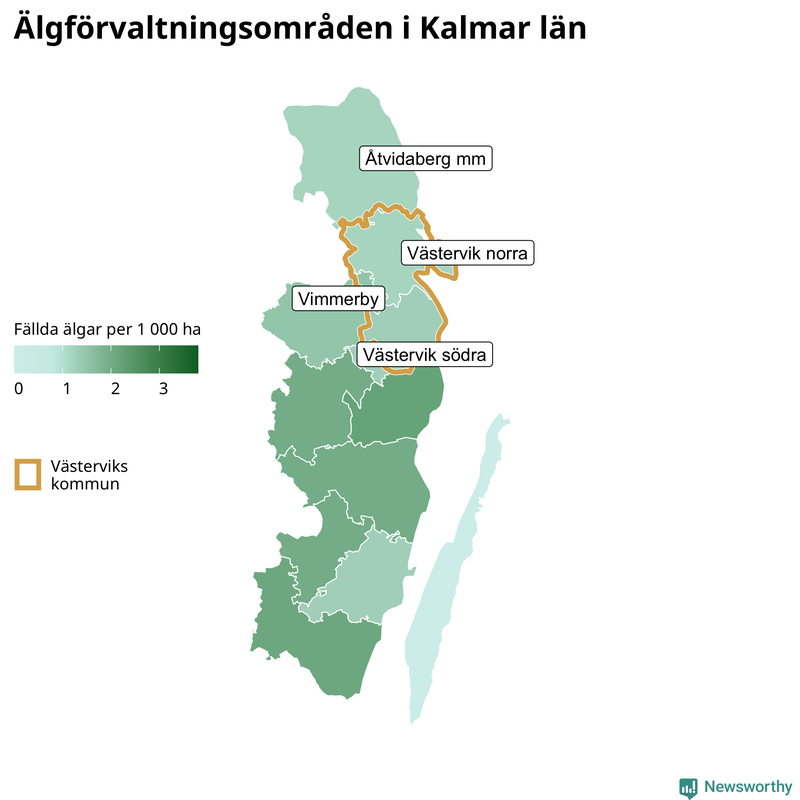 Fällda älgar per 1&nbsp;000 hektar Kalmar län