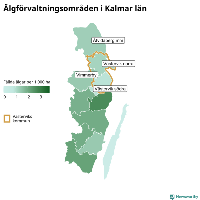 Fällda älgar per 1&nbsp;000 hektar Kalmar län