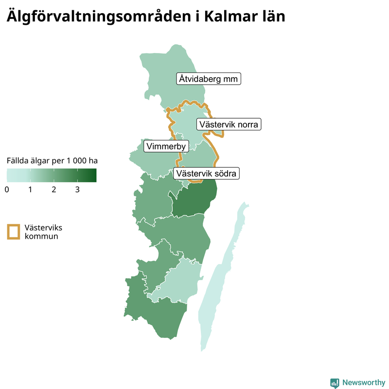 Fällda älgar per 1 000 hektar Kalmar län