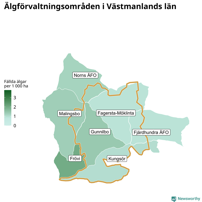Fällda älgar per 1 000 hektar Västmanlands län