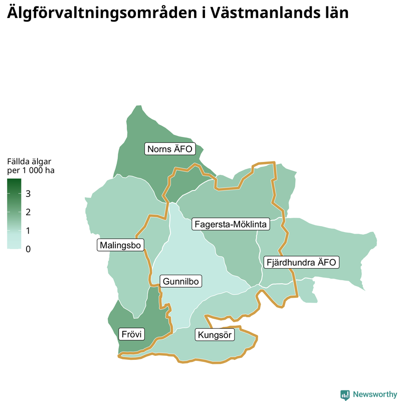 Fällda älgar per 1&nbsp;000 hektar Västmanlands län