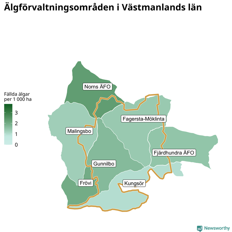 Fällda älgar per 1 000 hektar Västmanlands län