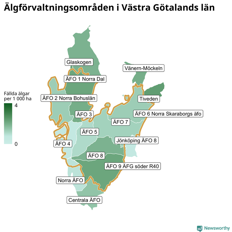 Fällda älgar per år i Västra Götalands län