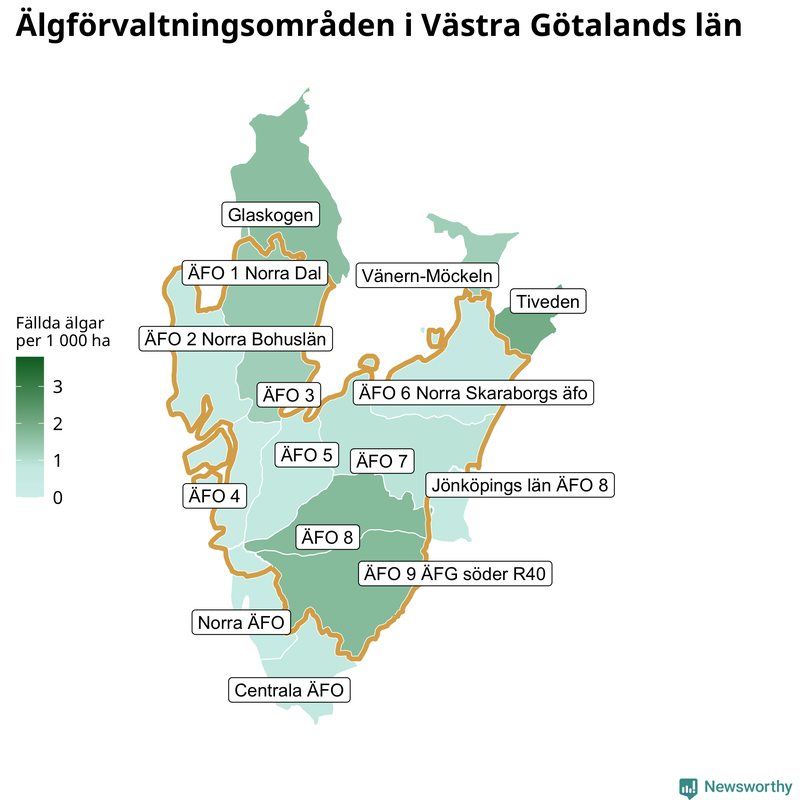 Fällda älgar per 1 000 hektar Västra Götalands län