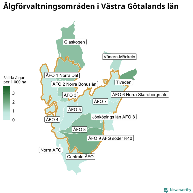 Fällda älgar per 1&nbsp;000 hektar Västra Götalands län