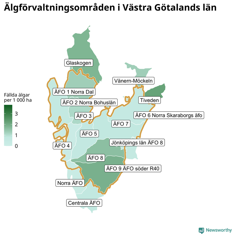 Fällda älgar per 1&nbsp;000 hektar Västra Götalands län