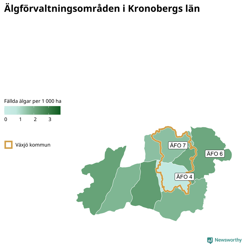 Fällda älgar per 1&nbsp;000 hektar Kronobergs län