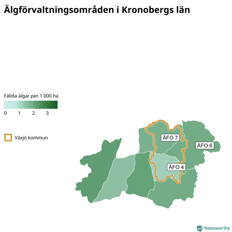Fällda älgar per 1&nbsp;000 hektar Kronobergs län