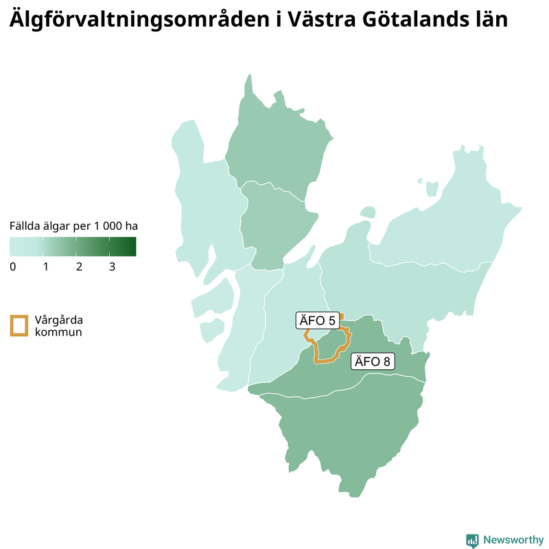 Fällda älgar per 1&nbsp;000 hektar Västra Götalands län