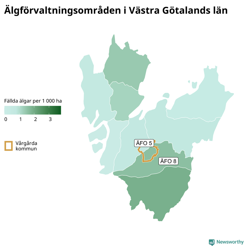 Fällda älgar per 1&nbsp;000 hektar Västra Götalands län