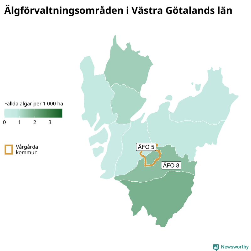 Fällda älgar per 1 000 hektar Västra Götalands län