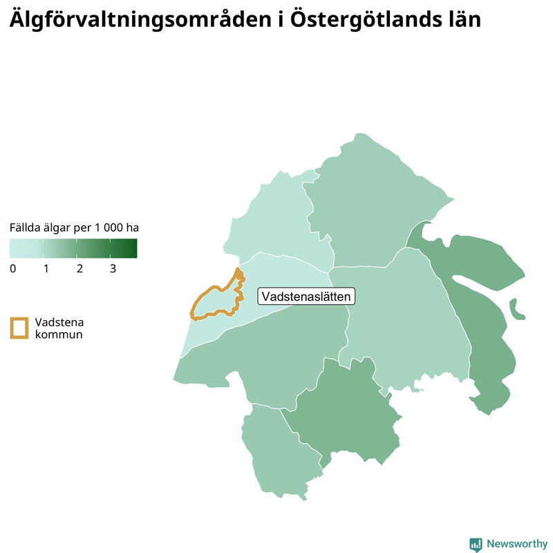 Fällda älgar per 1&nbsp;000 hektar Östergötlands län