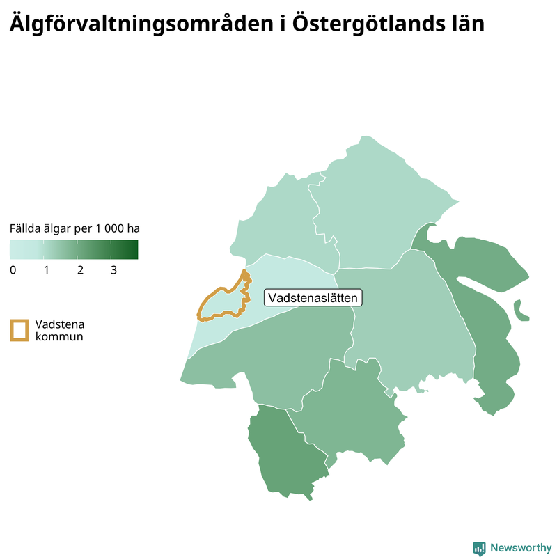 Fällda älgar per 1&nbsp;000 hektar Östergötlands län