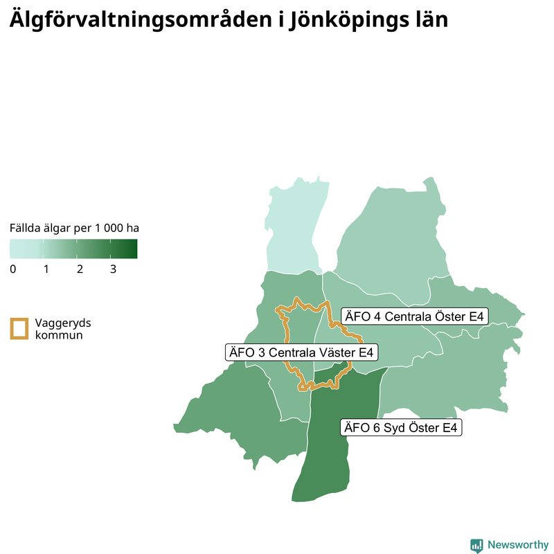 Fällda älgar per 1&nbsp;000 hektar Jönköpings län