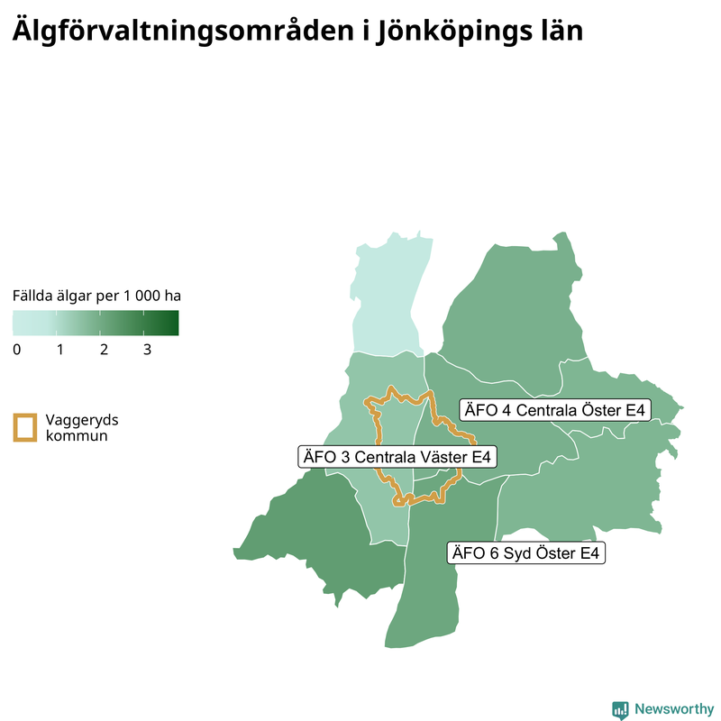 Fällda älgar per 1&nbsp;000 hektar Jönköpings län