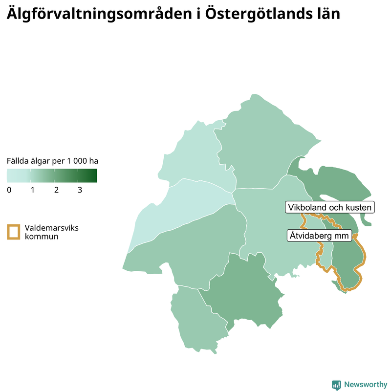 Fällda älgar per 1 000 hektar Östergötlands län