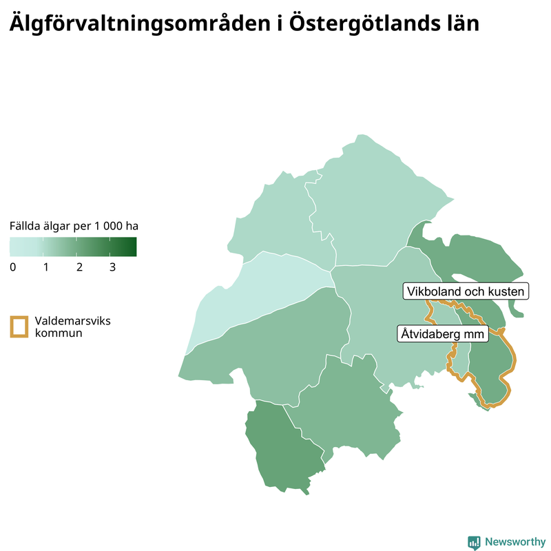 Fällda älgar per 1&nbsp;000 hektar Östergötlands län