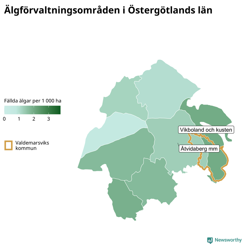 Fällda älgar per 1 000 hektar Östergötlands län