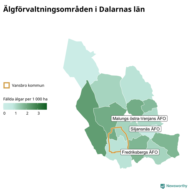 Fällda älgar per 1 000 hektar Dalarnas län