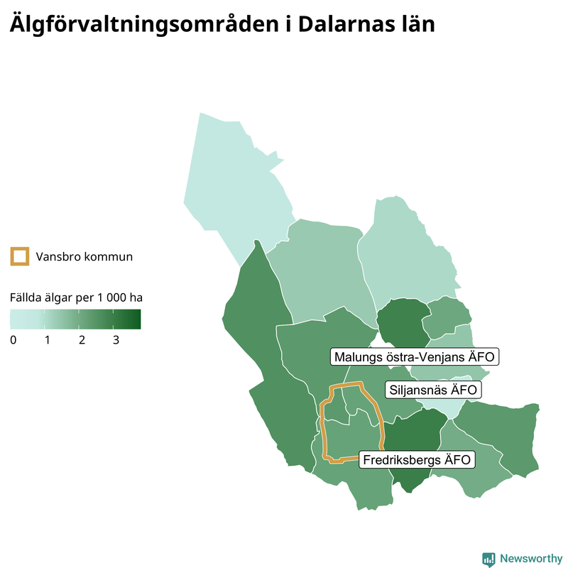 Fällda älgar per 1&nbsp;000 hektar Dalarnas län