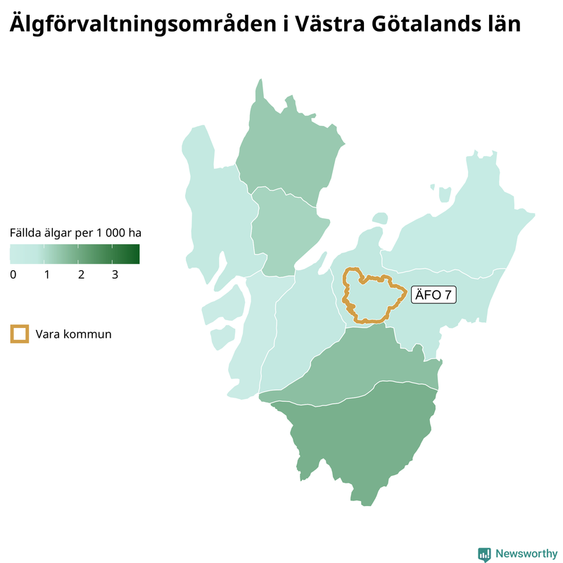 Fällda älgar per 1&nbsp;000 hektar Västra Götalands län