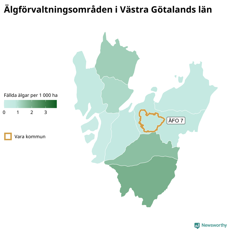 Fällda älgar per 1 000 hektar Västra Götalands län