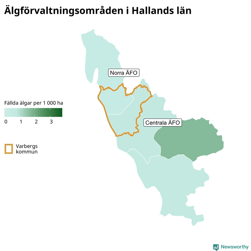 Fällda älgar per 1&nbsp;000 hektar Hallands län