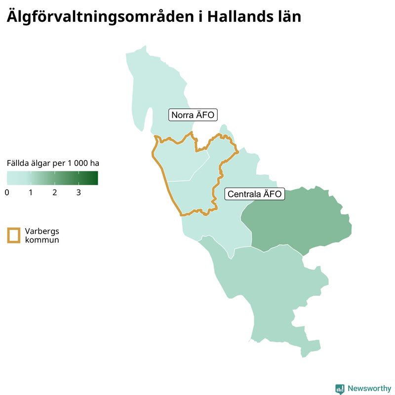 Fällda älgar per 1 000 hektar Hallands län