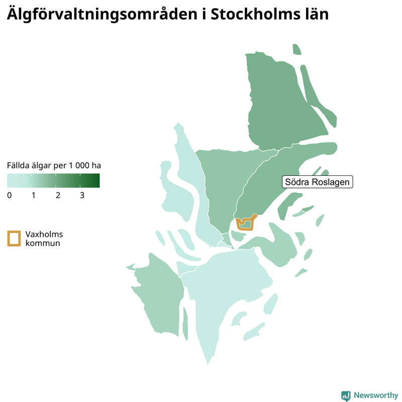 Fällda älgar per 1&nbsp;000 hektar Stockholms län