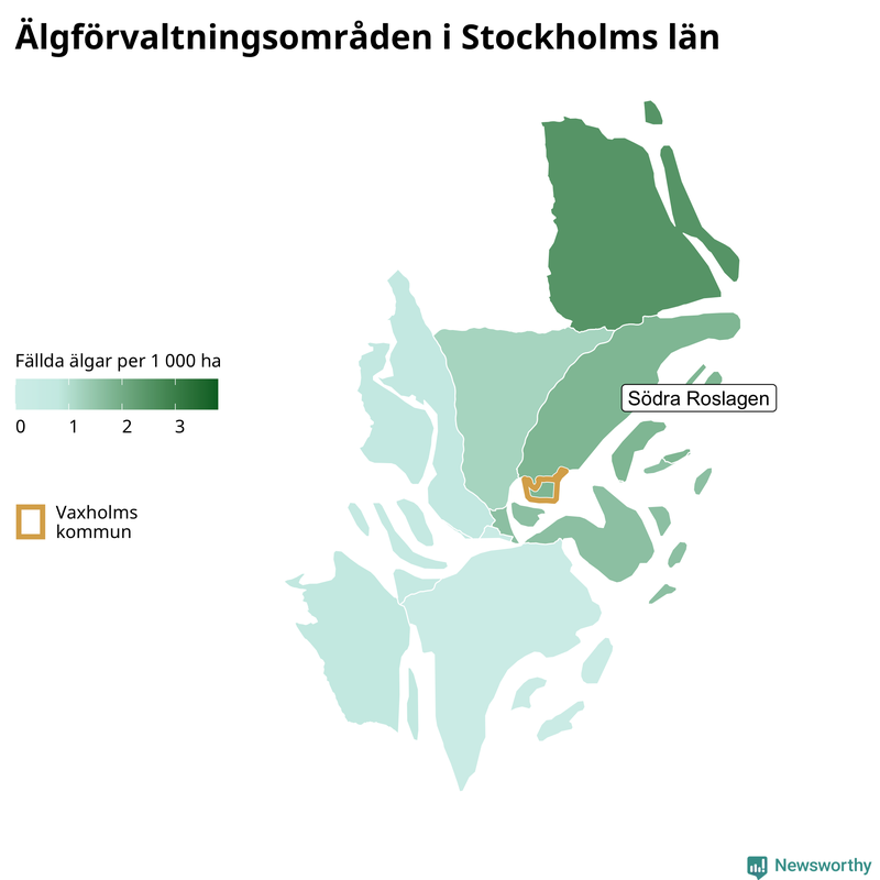 Fällda älgar per 1&nbsp;000 hektar Stockholms län