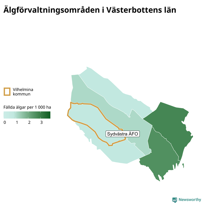 Fällda älgar per 1&nbsp;000 hektar Västerbottens län