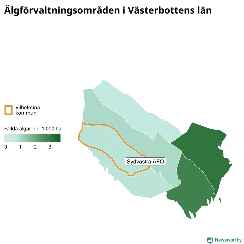 Fällda älgar per 1&nbsp;000 hektar Västerbottens län