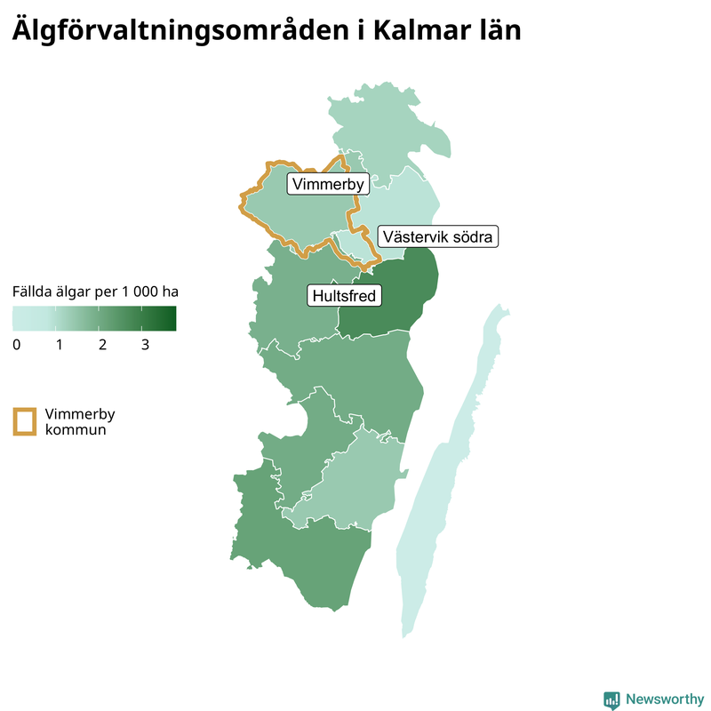 Fällda älgar per 1&nbsp;000 hektar Kalmar län