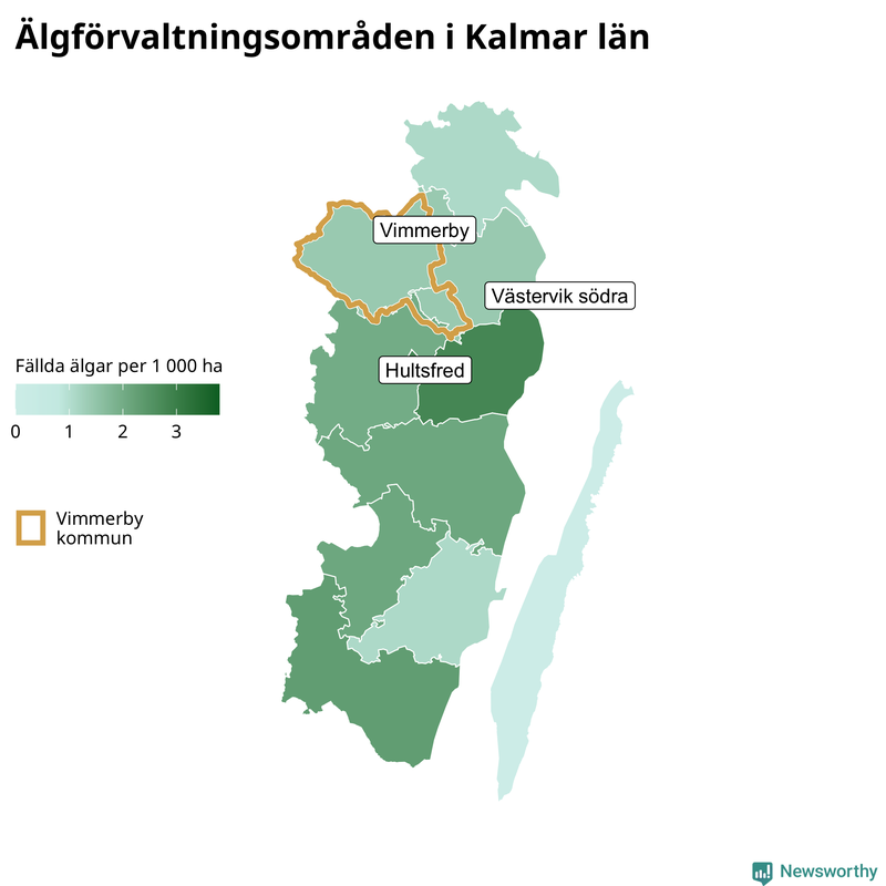 Fällda älgar per 1&nbsp;000 hektar Kalmar län