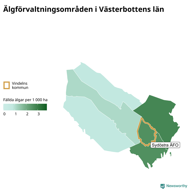 Fällda älgar per 1 000 hektar Västerbottens län