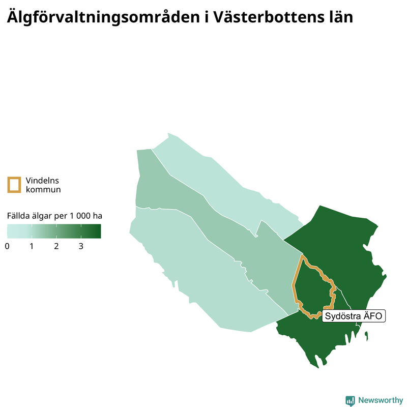 Fällda älgar per 1 000 hektar Västerbottens län