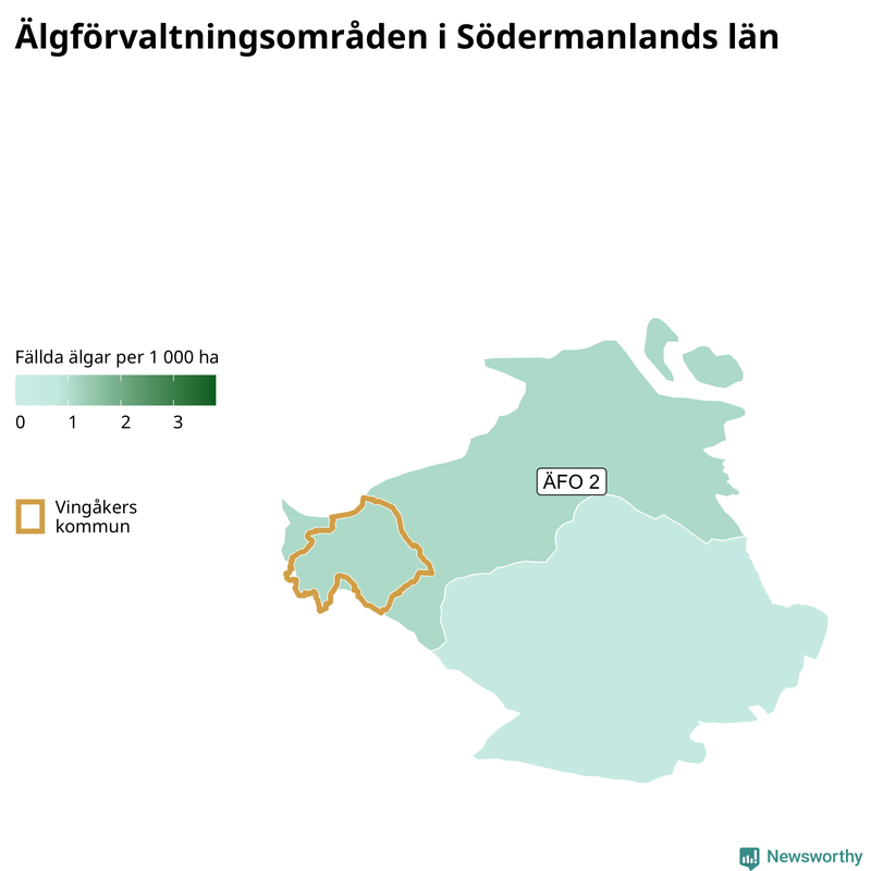 Fällda älgar per 1&nbsp;000 hektar Södermanlands län