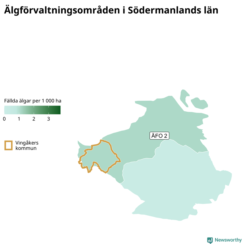 Fällda älgar per 1 000 hektar Södermanlands län