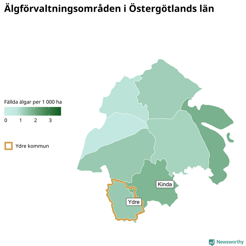 Fällda älgar per 1 000 hektar Östergötlands län