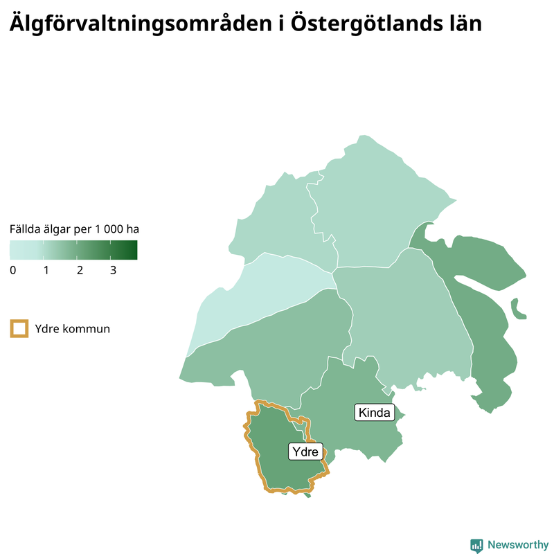 Fällda älgar per 1&nbsp;000 hektar Östergötlands län