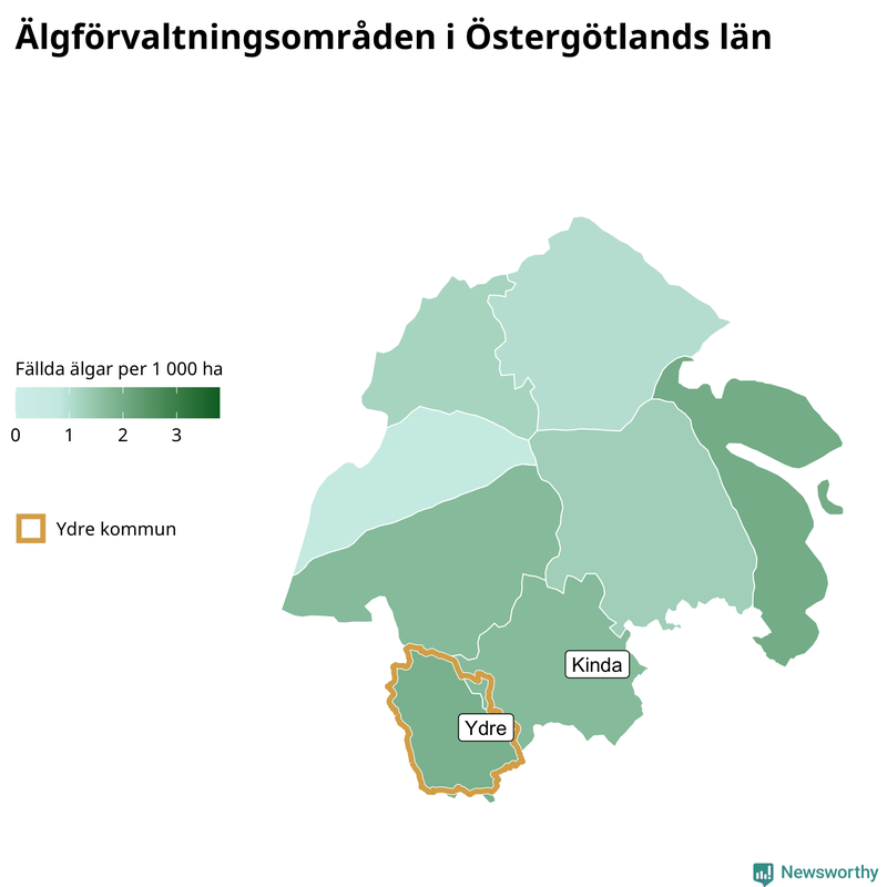 Fällda älgar per 1 000 hektar Östergötlands län