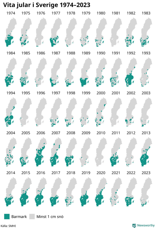 Karta över snödjup på julafton 1974–2023