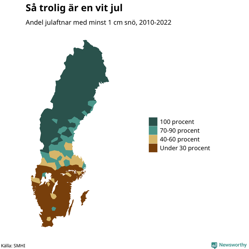 Karta: Andel julaftnar med minst 1 cm snö 2010-2021