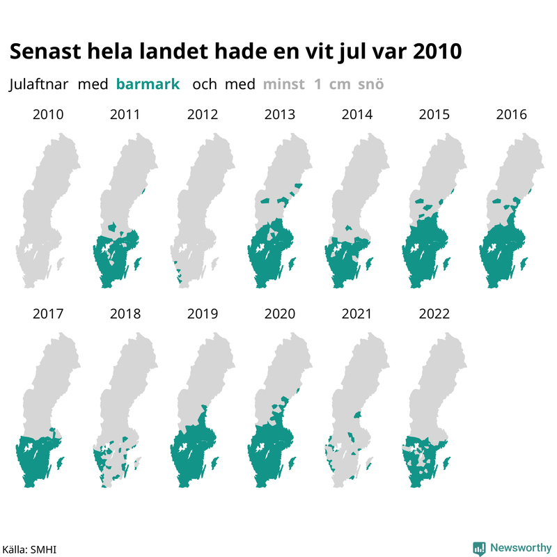 Karta: Snötäcket i Sverige julaftonsmorgonen 2010-2021