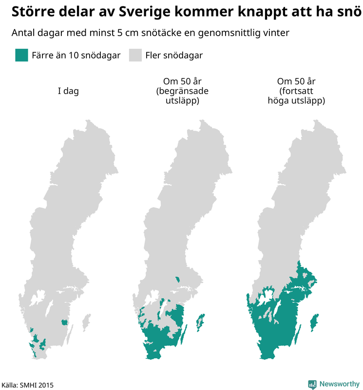 Karta: Grönare vintrar allt längre norrut i framtiden.