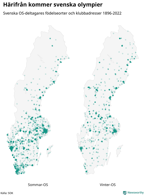 Karta över var svenska olympiska deltagare är födda, uppdelat på sommar- och vinter-os.