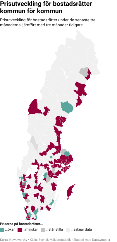 Karta: Prisutveckling för bostadsrätter kommun för kommun