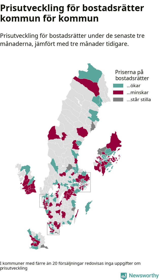 Karta som visar var i landet priserna på bostadsrätter ökar respektive minskar