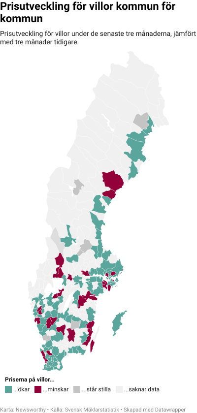 Karta: Prisutveckling för villor kommun för kommun